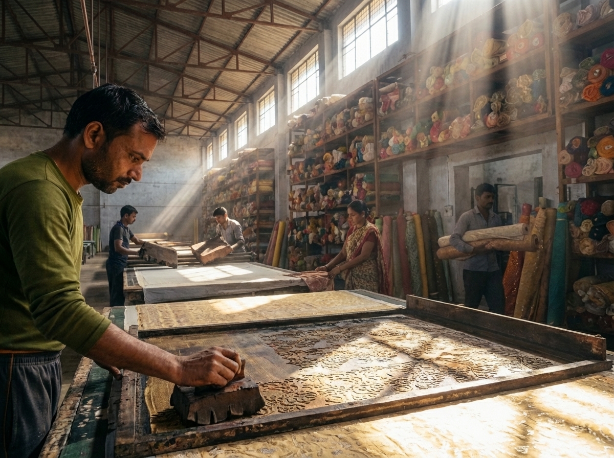Artisan block printing at Amber Silk Mills workshop